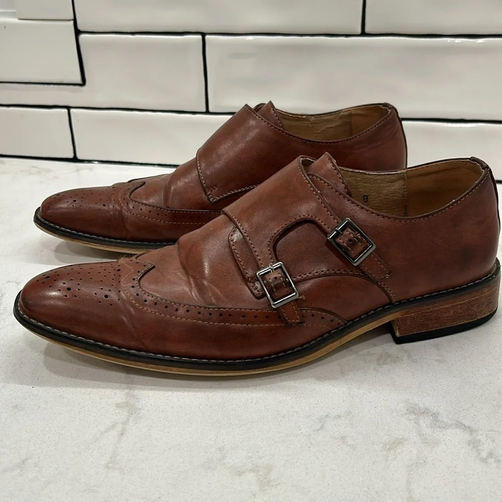 Gino Vitale Brown Monk Strap Brogue Wingtip Leather Men's Dress Shoe 9